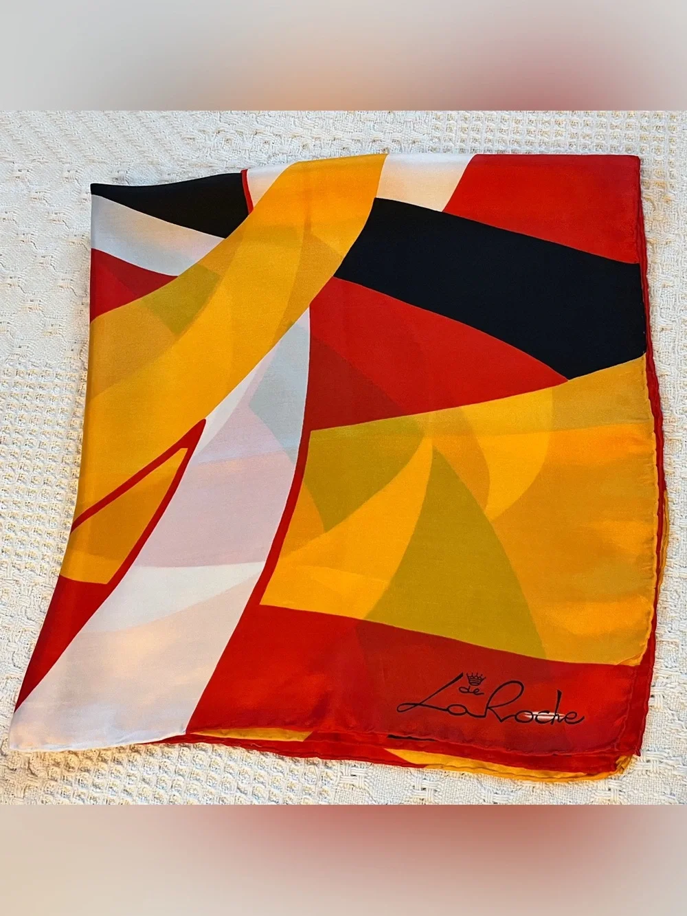Vintage De La Roche Silk Scarf with Hand-Rolled Hem